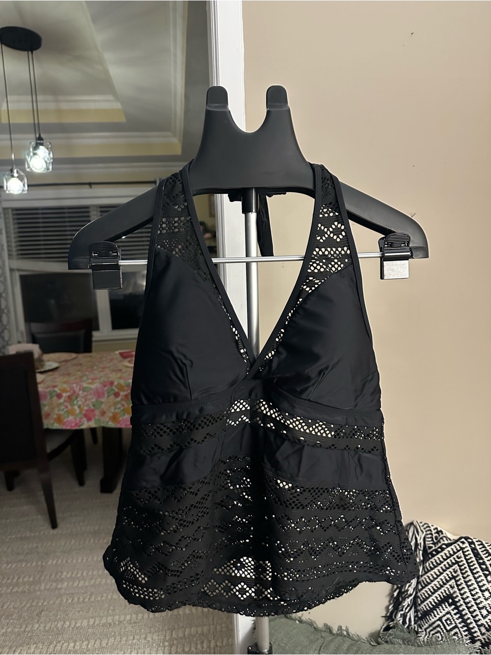 Black Lace-Trim Halter One-Piece Swimdress